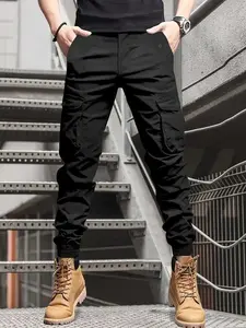 Men’s multi-pocket cargo athletic pants with elastic cuffs; lightweight tactical long pants with an elastic waistband that narrows at the waist; street-style hiking pants for men; multiple pockets; suitable for work, hiking, streetwear; available in vario