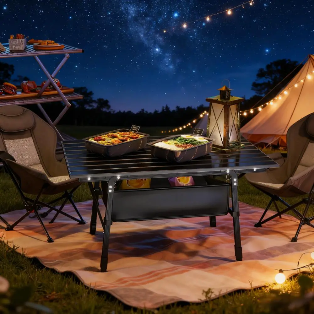 Portable Aluminum Camping Table - Outdoor Folding Table with Oxford Fabric, Storage Bag, Storage Basket, Adjustable Height (17.7-26 in), 35.4 in L x 21.7 in W, 8.7 lbs Weight Capacity 66 lbs for Campers, Food and Snacks
