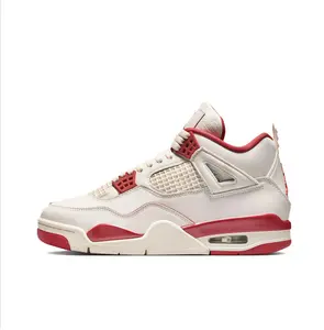 Retro Mid-Top Basketball Shoes in Pale Ivory Smooth Leather with Mesh Side Panels and Sierra Red Midsole and Outsole Accents