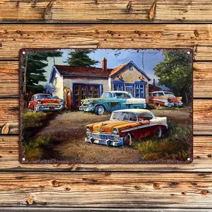 [Vintage Car Sign] Rustic 8x12 Inch Aluminum Wall Sign - Vintage Car Enthusiast's Garage Decor |   Classic Cars & Scenic Road Trip Theme, Weathered Appearance, Car Decor for Man Cave Artwork & Retro Building Scene
