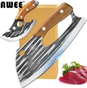 kitchen AWEE Meat Cleaver for Meat Cutting, Hand Forged Butcher Knife with Wood Handle, Full Tang Chopping Cleaver for Kitchen Outdoor BBQ Camping，Meat Cleaver for Meat Cutting, High Carbon Viking Knife, Full Tang Chef Kitchen Butcher Knife for Home
