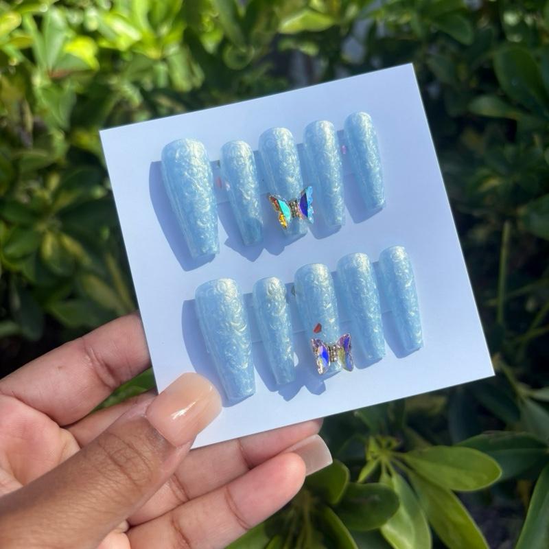 Blues N’ Butterflies Large Gel Press on Set Long Coffin Iridescent Blue Press on Nails Handmade Blue Butterfly Charm Nails