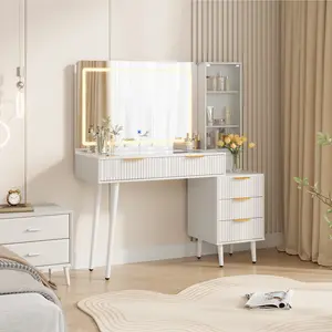 48 Inch Makeup Vanity Desk with Mirror & Lights, Fluted Vanity with 5 Drawers, Glass Top and Power Outlet, Natural Wooden Dressing Table for Bedroom