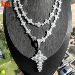 Cross Star Tennis Chain Cross Flower Pendant Elegent Shint Iced Out Cubic Zirconia Pendant Chain Combo Jewelry Set Men Women Daily Wear Decor