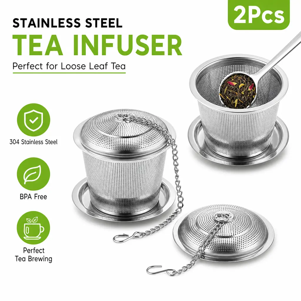 Tea Infuser Set of 2 with Tea Scoop & Drip Trays – 304 Stainless Steel Ultra Fine Mesh Loose Leaf Strainer, Reusable Tea Basket for Rooibos, Green, Black, Herbal & Oolong