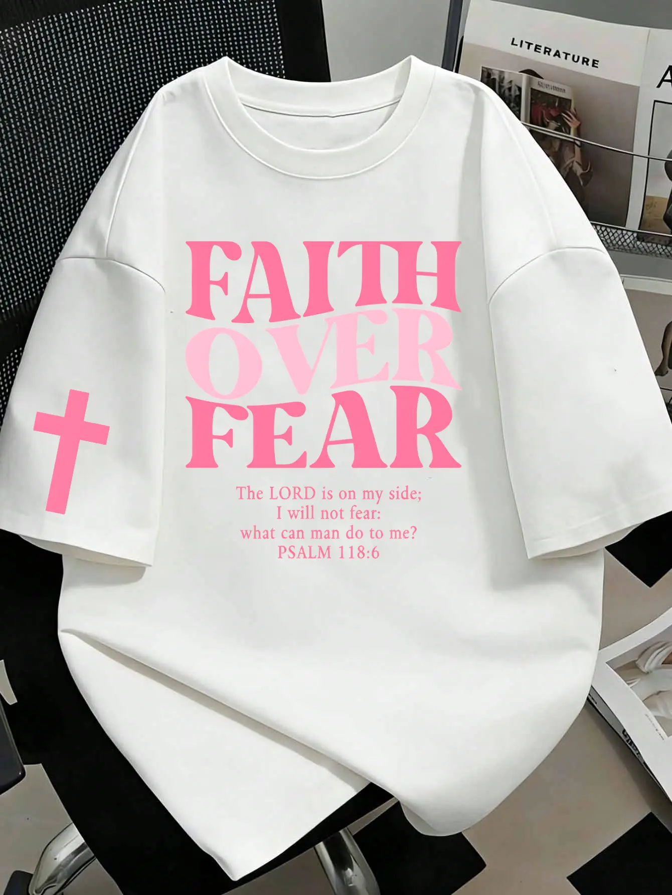 Men's Unisex Psalm 118:6 Cross Gradient Graphic Oversized Short-Sleeve T-Shirt, Inspirational Bible Verse Religious Loose Casual Top