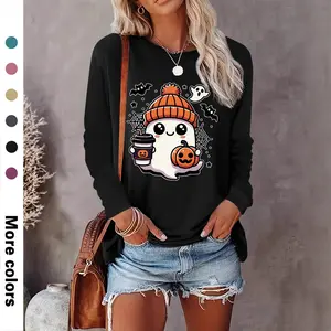 Fallfreshness - Women's Halloween Ghost Print Round Neck T-shirt, Casual Long Sleeve Crew Neck Tee for Fall & Winter, Women's Clothes for Daily Wear