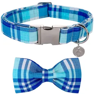 DOGWONG Blue Plaid Cotton Dog Collar with Bow Tie - Comfortable Cute for Small/Medium/Large Dogs