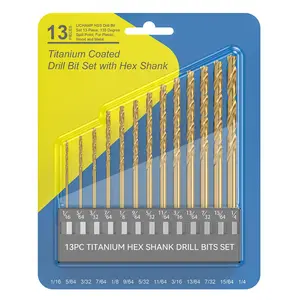 1/16" -1/4" Hex Shank Drill Bit Set, 13 count Titanium Coated  Steel Bits, 1/4" Quick Change Shank for Hard Metal, Hardened Twist Drill Set