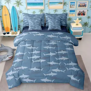 Cute Shark 7Pcs Comforter Set,Cartoon Ocean Animals Bedding Set,for Kids Girls Boys Teens Room Decor,Navy Blue Shark Pattern Fitted Flat Sheet Sea Life Bed in a Bag,2 Pillowcases