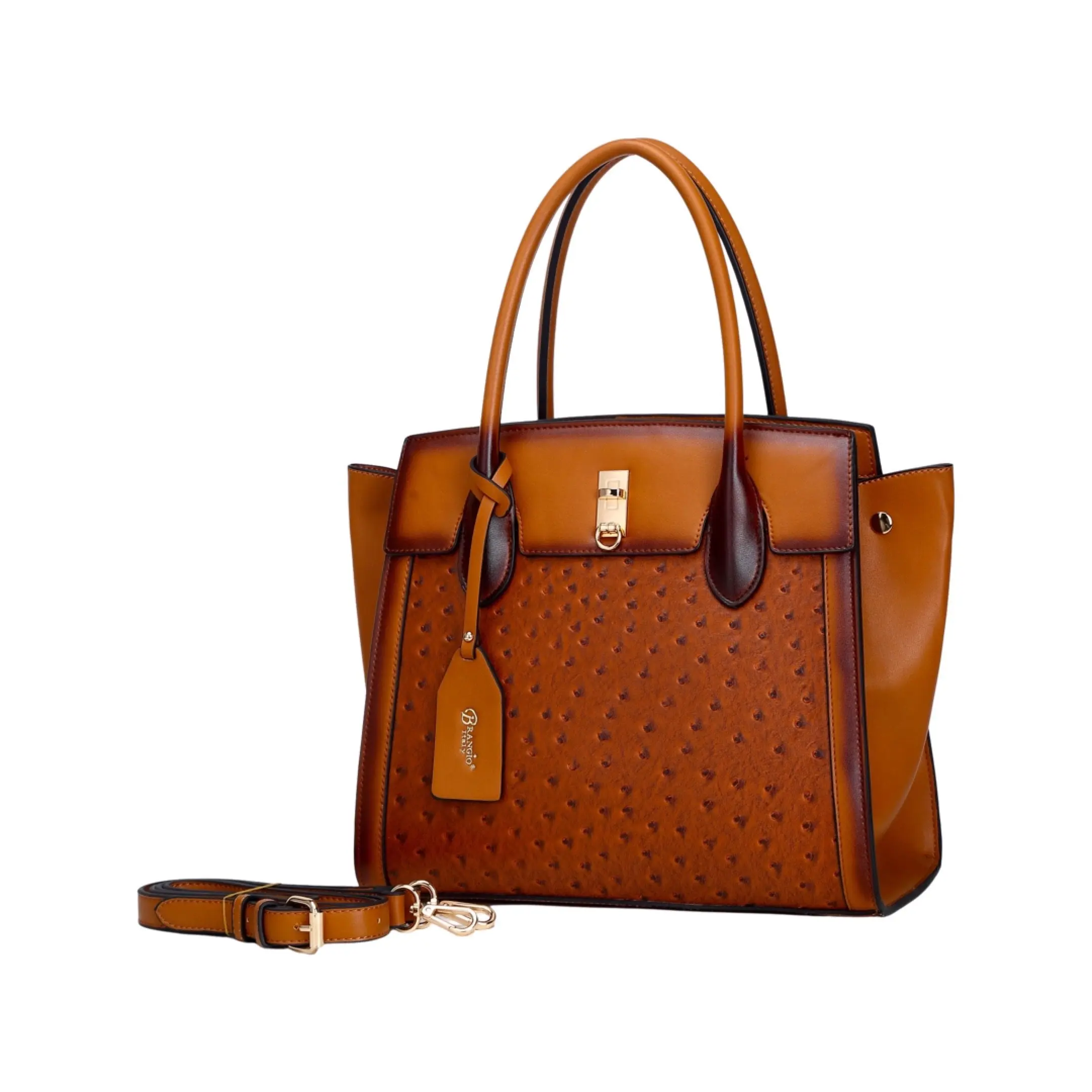 Brangio Italy Ostrich Texture Designer Structured Satchel Handbag, Detachable Strap, Lock Closure, Luxury Look, Textured Leather, Workplace Use