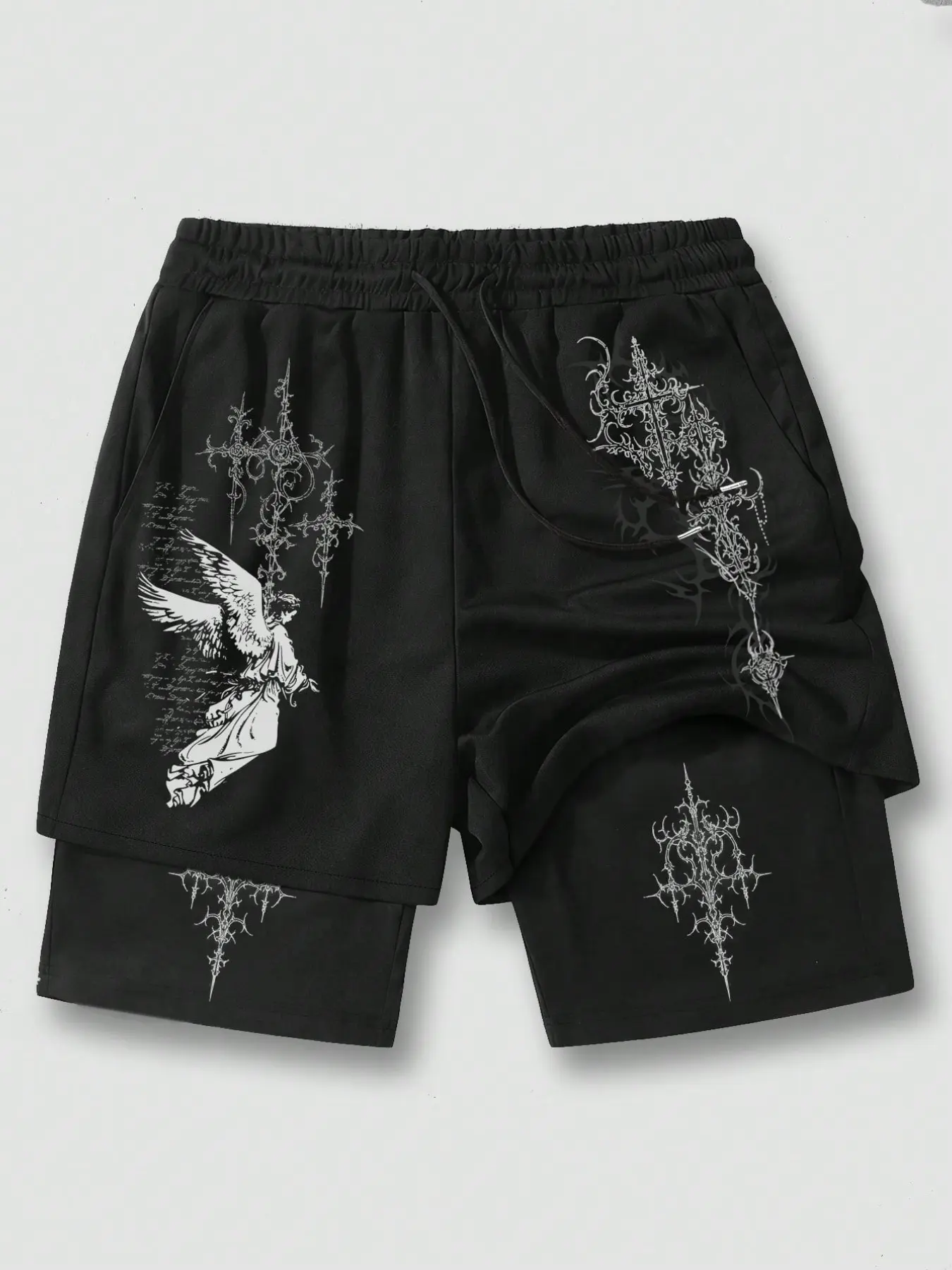 Men's Darkwear Angel Graphic Double Layer Shorts - Techwear Gothic Streetwear Hip Hop Loose Fit Short Pants, Harajuku Aesthetic Drawstring Bottoms for Summer Urban Outfits, Graphic Print Shorts, Casual Polyester Shorts, Fashion Shorts