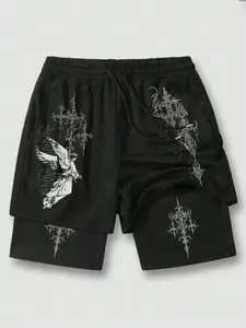 Men's Cyber Goth Double Layer Mesh Shorts | Gothic Thorn & Archangel Graphic Baggy Gym Shorts | Hip Hop Streetwear Essentials for Summer Festivals & Skater Style