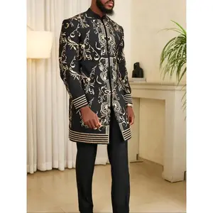 Men's Ethnic Pattern Long Sleeve Top & Pants Two-piece Set, Regular Fit Traditional Top & Pants for Party Formal Occasions, Men's Clothing for All Seasons, Fall outfit