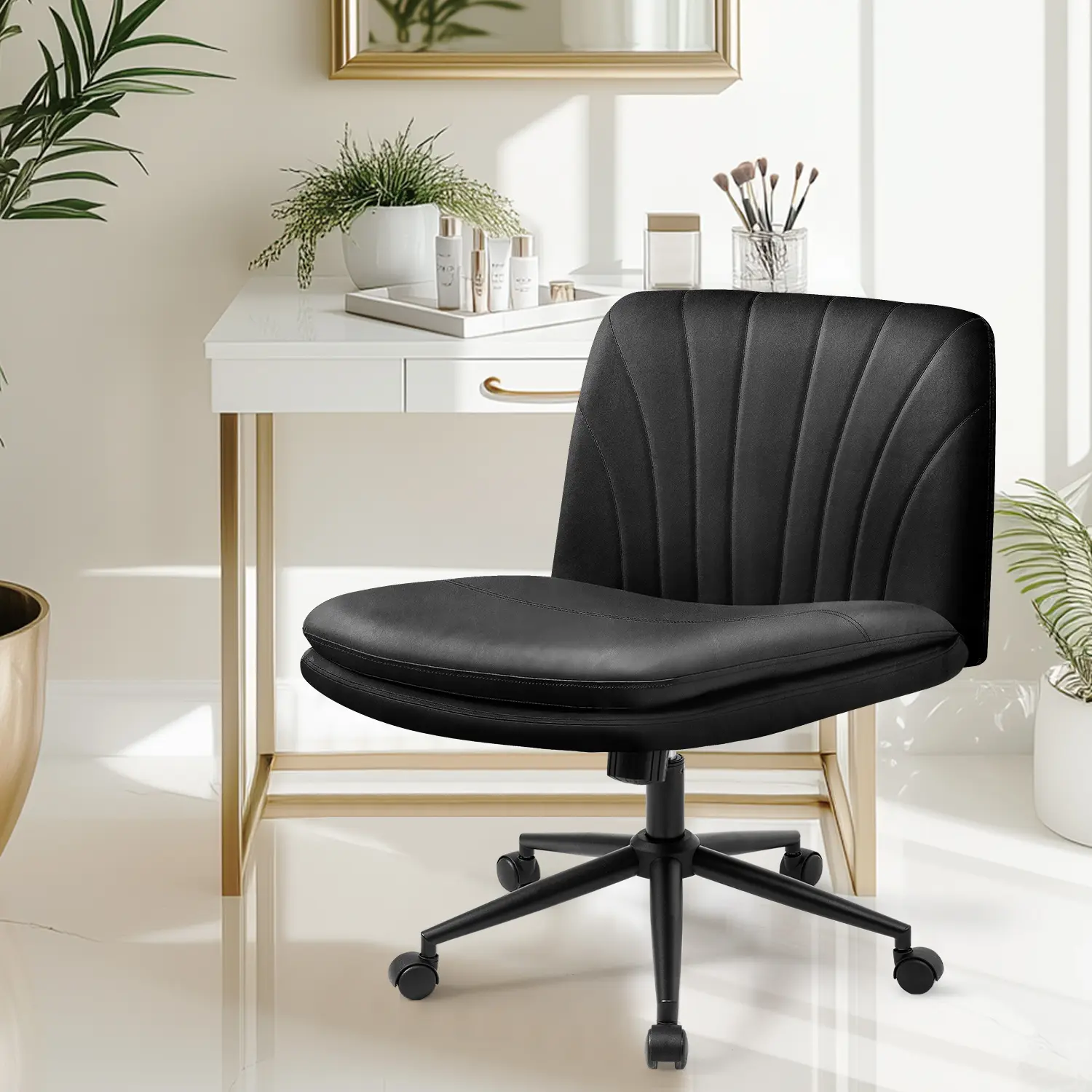 Orange Factory PU Leather Criss Cross Office Chair with Wheels - Durable Ergonomic Adjustable Swivel, Dual Base Armless Heavy Duty Comfy Wide Vanity Home Computer Task Chair (Blush Pink Faux Leather)