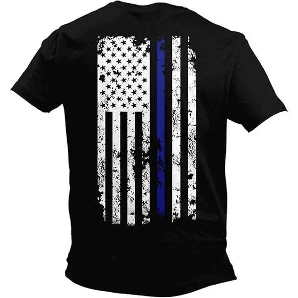 Women's Shortsleeve Tshirt - Unisex Cotton Graphics Top with Blue Line American Flag Design, Biker Vibe, Casual Style for Supporting Cops