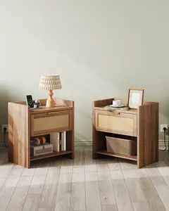WLIVE Rattan Nightstands Set of 2, Night Stand Sets with Charging Station, Boho Bed Side Table with Storage Drawer and Open Shelf, End Tables Bedroom