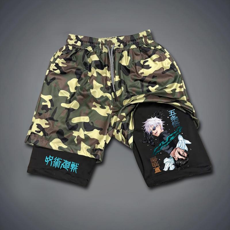 Jujutsu Kaisen Anime 80s 90s Double-Layer Sports Shorts Graphic Shorts Black Camo Streetwear Shorts Men Outfits Men Vacation Outfits Shorts