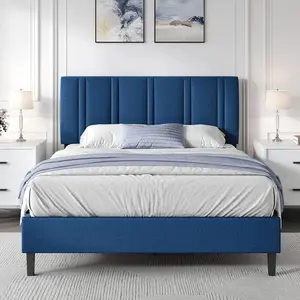 Upholstered    Headboard, Linen Fabric Platform    Tufted Headboard, No Box Spring Required, Easy Assembly, Pink/ White/ Black/ Blue, Twin/ Full/ Queen  Frame with Size Gingham Daybed Trundle, Flat-Pack  Frames