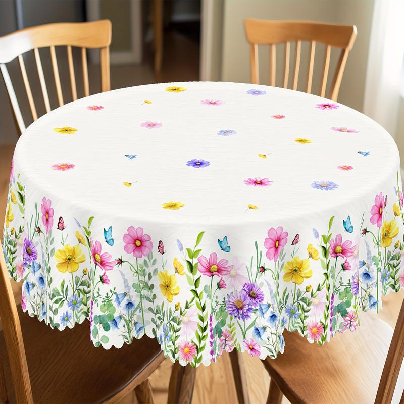 1pc Spring Round And Square Tablecloth, 5 Sizes, Floral And Butterfly Design Wallpaper, Easter Party, Valentine'S Day Theme, Spring Decoration, French Style, Suitable For Home Kitchen And Picnic Tablecloths, Gifts