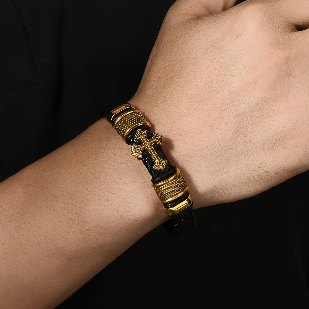 Men's Vintage Gold Cross Black Braided Leather Bracelet - Fashion Costume Jewelry Accessory