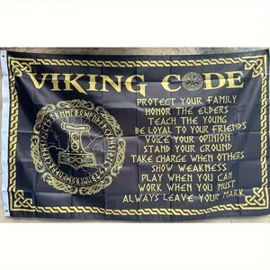Viking Code Flag - 3X5Ft Banner Featuring Norse Mythology for Men, Made from Durable Fabric with Golden Runes And Axe Emblem Design, Suitable for Indoor And Outdoor Decoration, Motivational Flag |   Symbolic Artwork |   High-Quality Print