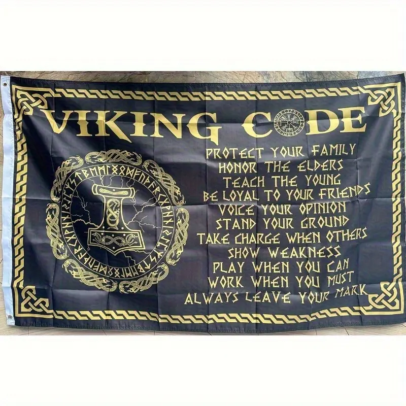 Viking Code Flag - 3X5Ft Banner Featuring Norse Mythology for Men, Made from Durable Fabric with Golden Runes And Axe Emblem Design, Suitable for Indoor And Outdoor Decoration, Motivational Flag |   Symbolic Artwork |   High-Quality Print
