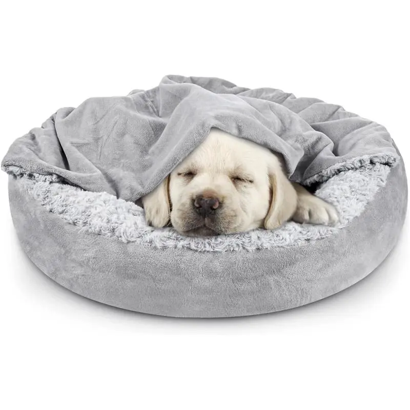 Small Dog Bed Cat Bed with Hooded Blanket, Cozy Cuddler Luxury Puppy Pet Bed, Donut Round Calming Anti-Anxiety Dog Burrow Cave Bed - Anti-Slip Bottom and Machine Washable 23 inch