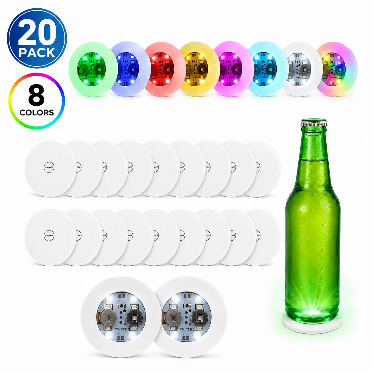 20Pcs LED Coaster, LED Sticker Lights, LED Bottle Lights Cup Holder Lights for Wine Liquor Bottle, Bottle Sparklers for Champagne, Party, Bar, Colorful