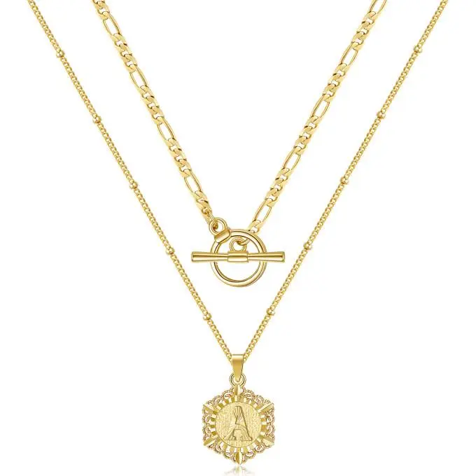KissYan Gold Layered Initial Necklace for Women, 14K Gold Plated Hexagon Letter Necklace Capital Monogram Pendant Toggle Clasp Layering Figaro Bead Chain Necklace,summerwins