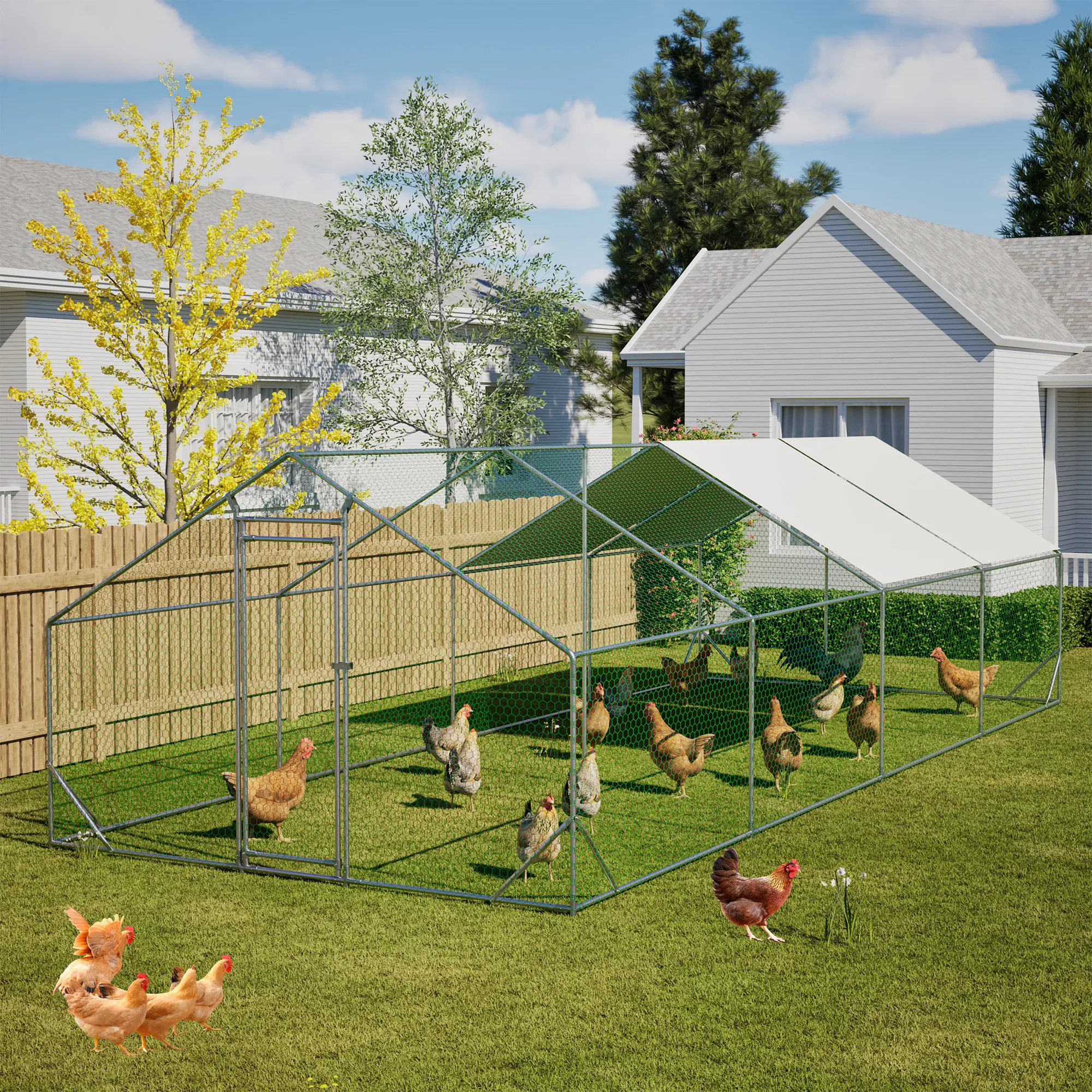 10'x26'x6.56' Heavy Duty Steel Walk-in Metal Chicken Coop, Galvanized Wire Poultry Cage with Waterproof UV-Protected Cover, All-Seasons Secure Outdoor Enclosure for Chickens, Rabbits