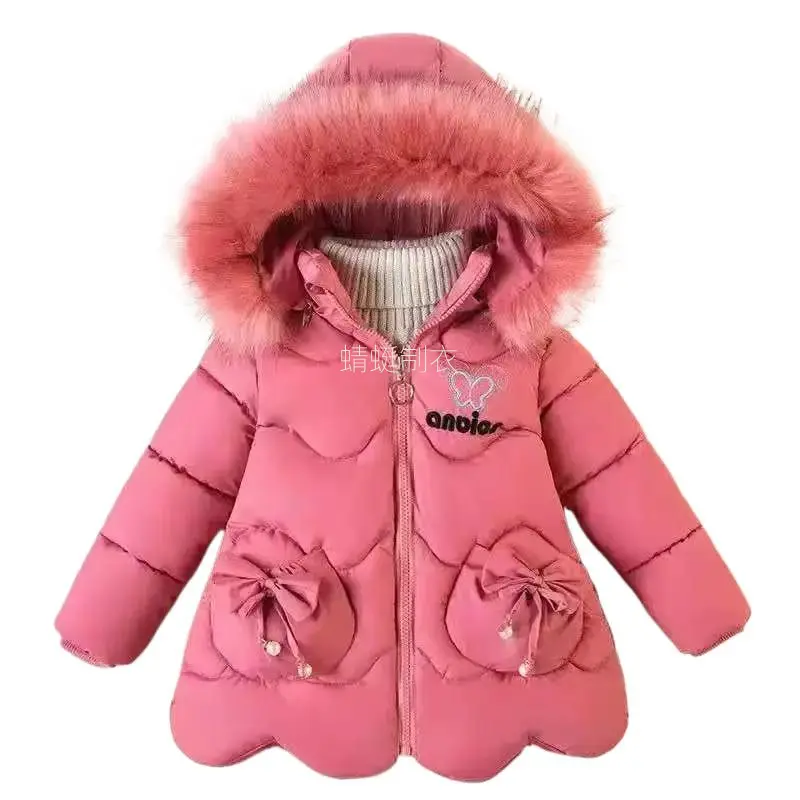 Girls' Korean-Style Thick Polyester Winter Coat - 1-6 Years (1-2y Option) Long-Sleeve Elegant Embellished Embroidery Bow Full-Coverage Versatile Kids' Outerwear Jacket