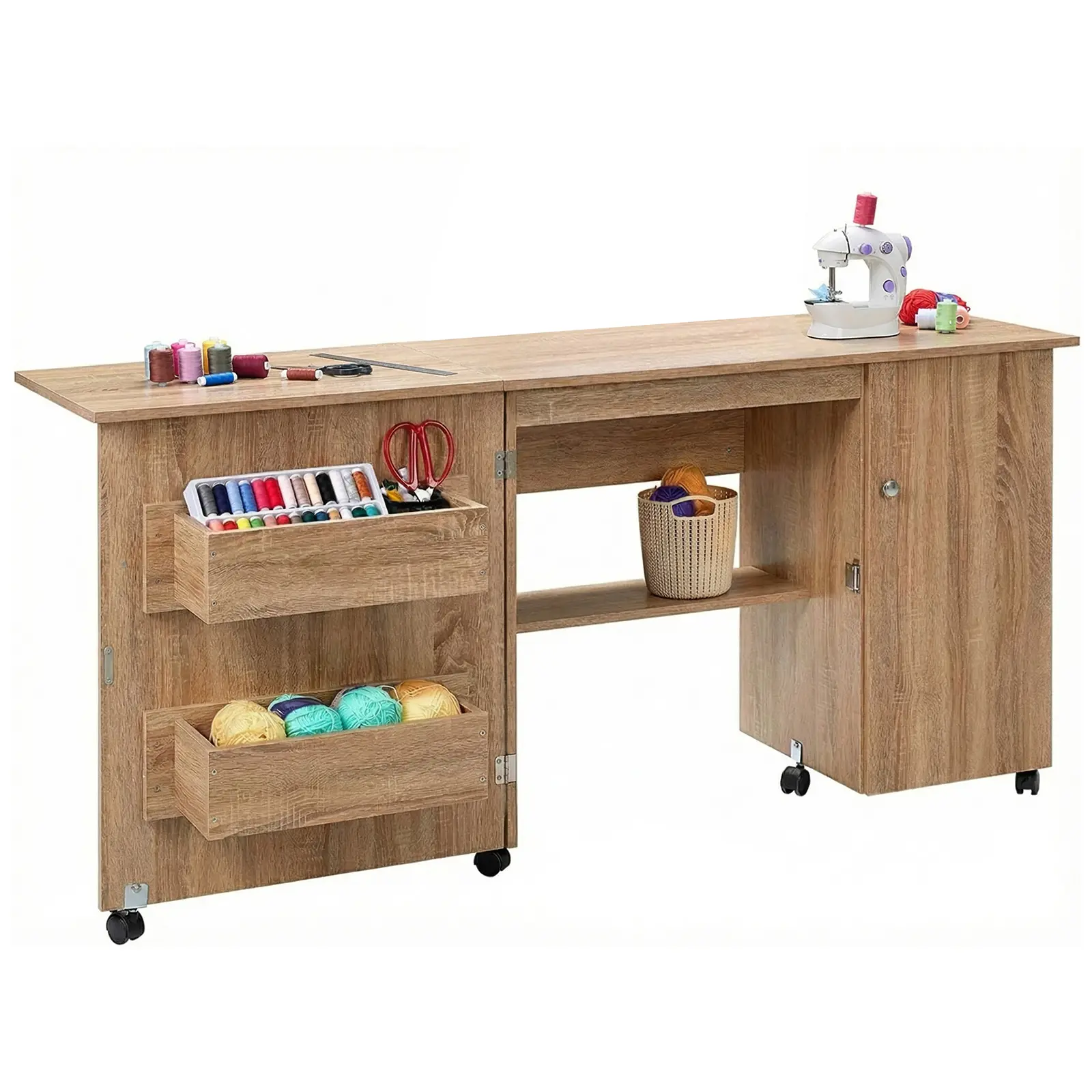 Large Folding Sewing Table with Storage Shelves & Trays, Multipurpose Compact Craft Workstation & Office Desk, Portable Sewing Machine Table with Lockable Wheels, Magnetic Locks & Pegs, Space-Saving Design for Home Office, White