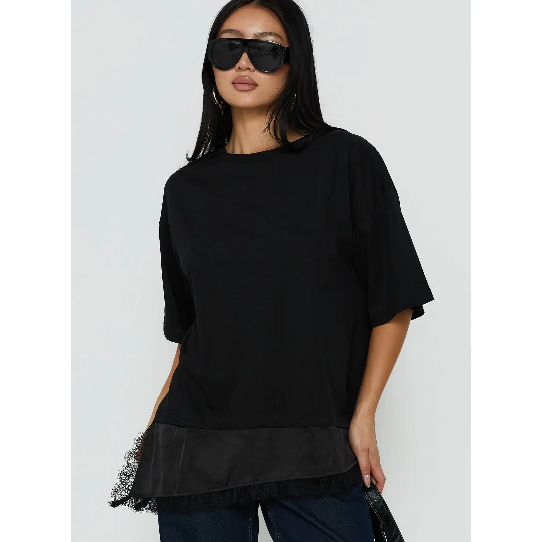 Dalarie Layered Lace Oversized Tee Black