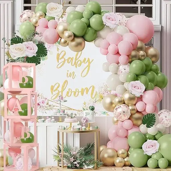 Baby in Bloom Baby Shower Decorations for Girl, Pink Sage Green Balloon Garland Arch Kit, Baby Boxes with Letters, Backdrop, Floral Baby Shower Decorations Birthday Party Decor