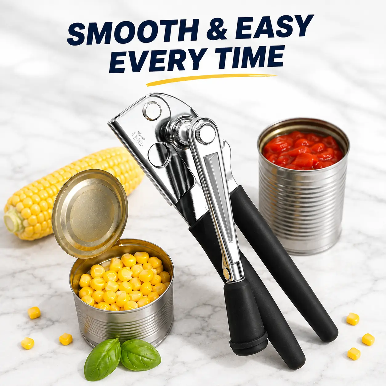 Manual Can Opener for Seniors, Heavy Duty Commercial Can Opener with Easy-Turn Crank, Ergonomic Long Rubber Handle, Soft Grip, Restaurant Kitchen Utensil, Smooth Edge