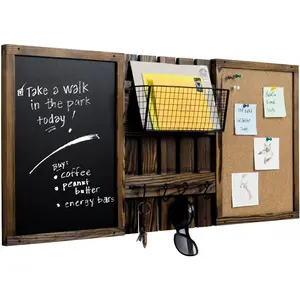 3 Panel Wall Mounted Entryway Bulletin Board Combo Set with Rustic Burnt Solid  Frame with a Chalkboard, Cork Board, Black Metal Mail Basket, and Hanging Rail