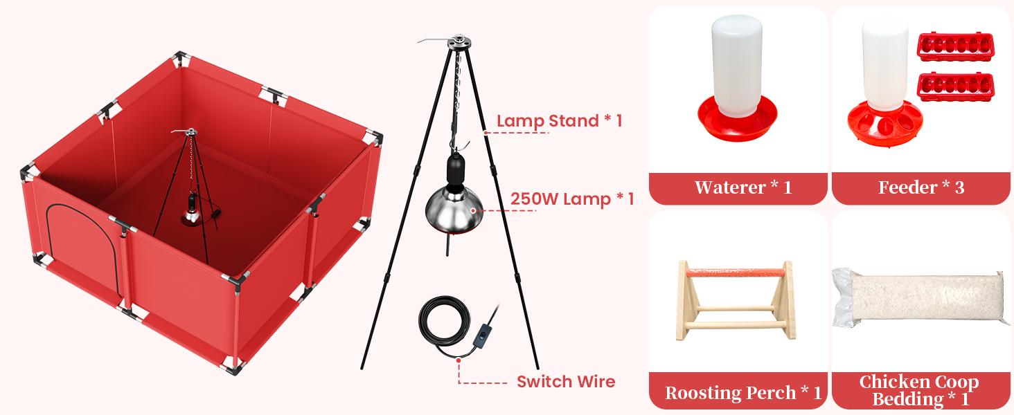 Square Brooder Box for Chicks, All-in-One Chick Starter Kit with 250W Heat Lamp, Perch, Feeder & Waterer Set, Stainless Steel Frame, Fits Up to 30 Chicks (Lamp)