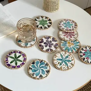 Bohemian Wood & Woven Rattan Colorful Shell Coasters, Boho Table Protectors for Coffee Tables, Bars, Outdoor Camping, Round Coaster