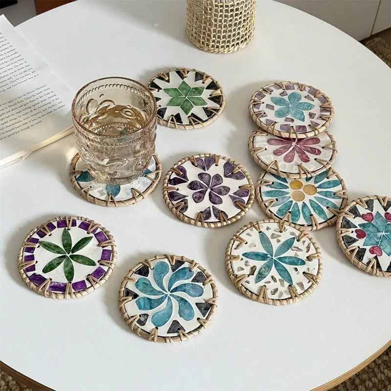 Bohemian Wood & Woven Rattan Colorful Shell Coasters, Boho Table Protectors for Coffee Tables, Bars, Outdoor Camping, Round Coaster, Decorative Coaster, Coasters for Drinks