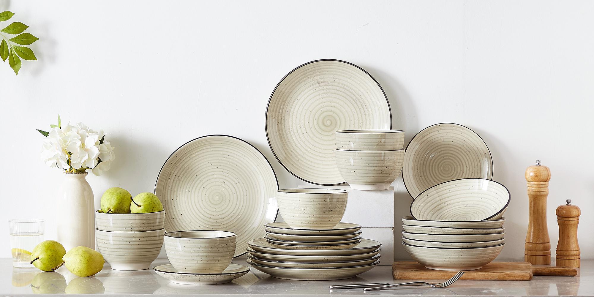 vancasso 24/48 Piece Beige Plates Dinner Sets Ceramic Dinnerware Sets Handpainted Spiral With 6 Dinner Plate/Dessert/Soup/Bowl