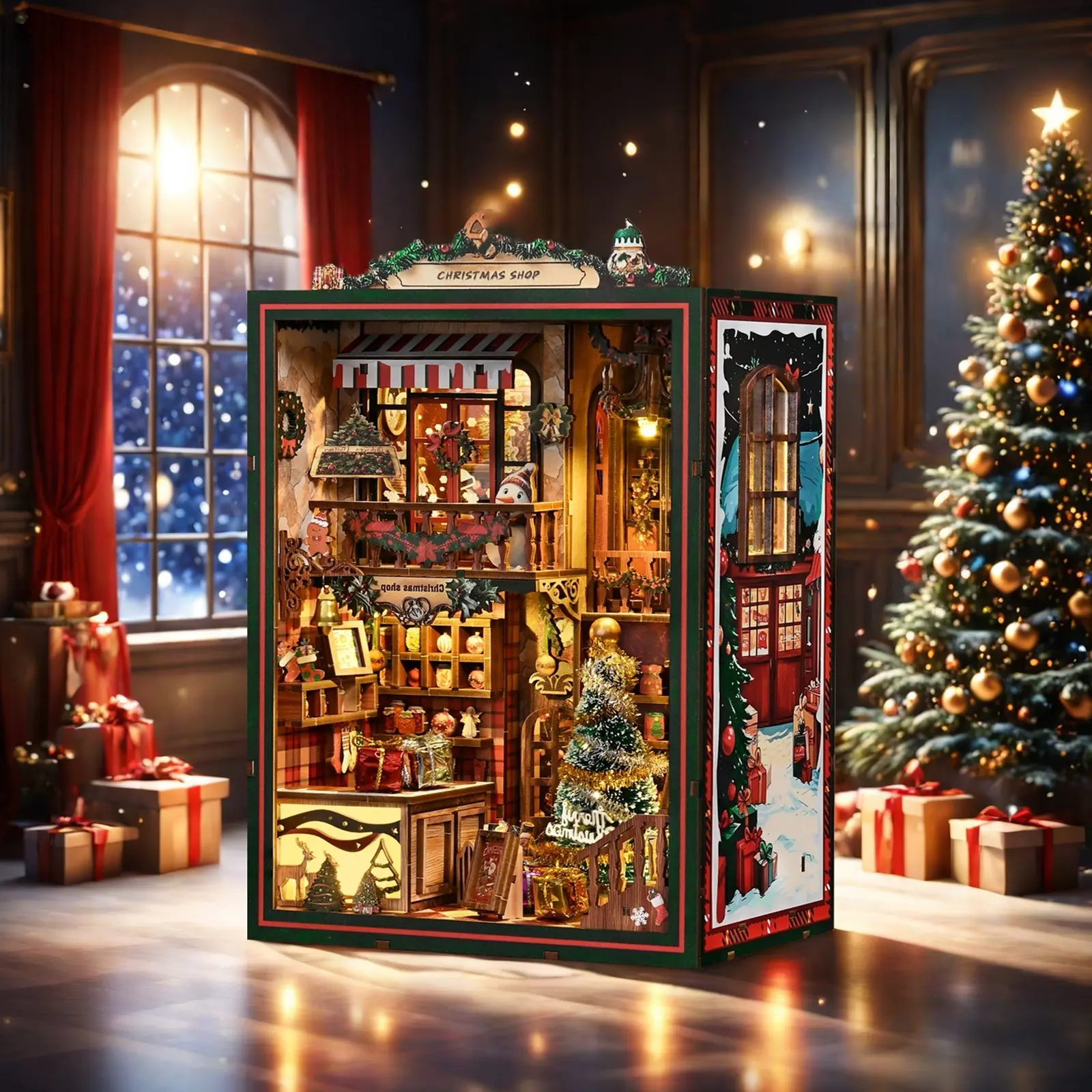 Eco-Wood DIY 3D Wooden Puzzle Book Nook Kit for Women, 16 x 11 x 21.5cm Precision-Cut Festive Christmas Home Decor Bookend Bookshelf Insert with Miniature Dollhouse, Wood Diamond Painting, Sea Turtle Rhinestones, Teak Polymer Clay (Ideal for Birthdays)