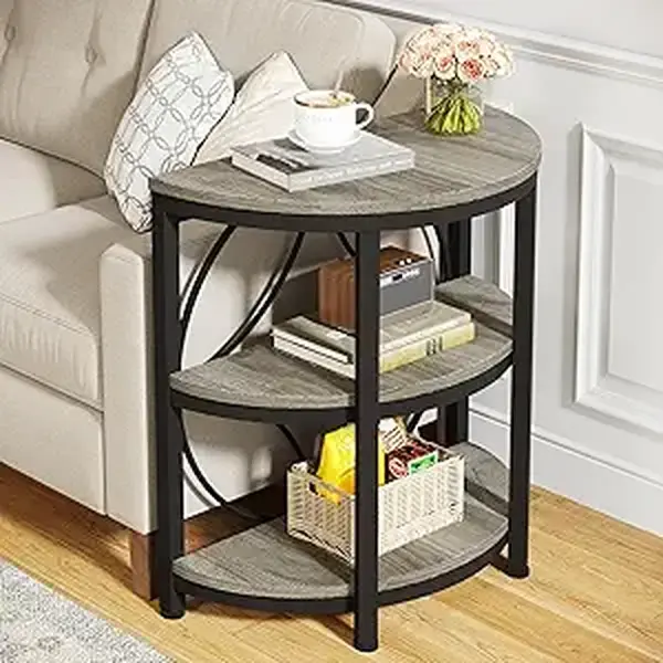 Tribesigns Half Round End Table, 3-Tier Narrow Side Table with Metal Frame, Half Circle Table, Half Moon Small Coffee Accent Table Bedside Table for Living Room, Bedroom, Grey (1)