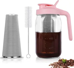Cold Brew Coffee Maker,32 oz Mason Jar Pitcher with Stainless Steel Filter, Pour Spout Handle Lid, Heavy Duty Glass Airtight & Leak-Proof Pitcher for iced coffee  Breastmilk Lemonade-