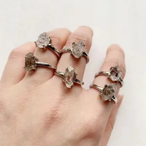 Natural Herkimer Quartz Crystal Ring Adjustable Raw Stone Open Ring Minimalist Jewelry