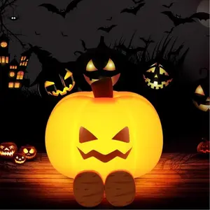 Mischievous Grinning Pumpkin Night Light, Cute Halloween Pumpkin Night Light with 3 Level Dimmable, Soft Silicone Bedside Touch Lamp for Kids Family Bedroom Halloween Gifts