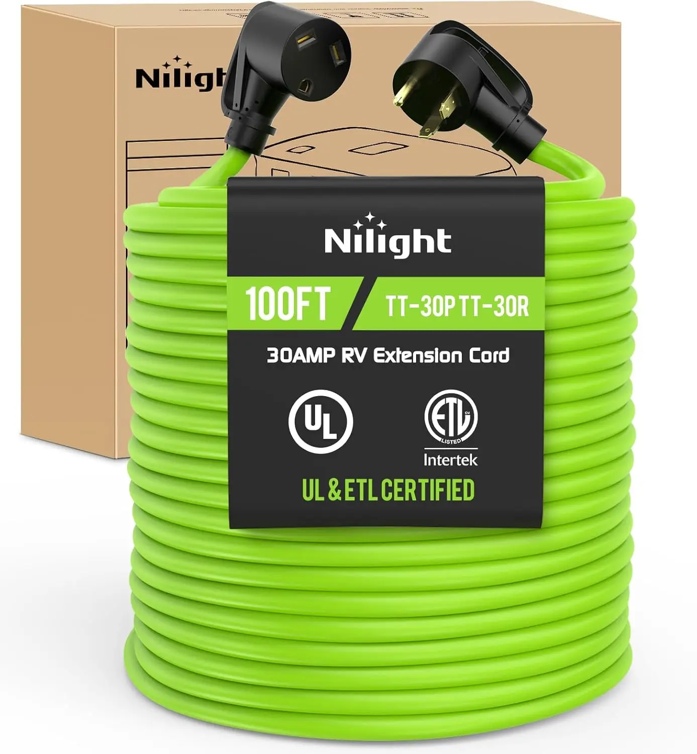 Nilight 1x 100ft 30Amp RV Extension Cord, 10/3 Gauge Pure Copper STW Wire, UL ETL Listed 3-Prong TT-30P Male TT-30R, 125V 3750W Weatherproof Outdoor Cable, Adjustable Roll Organizer, High Performance, Flexible & Easy to Store for Camper, Garage, 1 X 100Ft