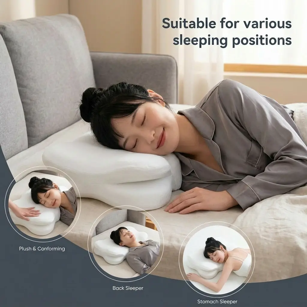 【Soft Cloud-Like Comfort】Ergonomic Cloud Pillow-Crafted from premium high-density material with an indulgent cloud-like softness, delivering a silky, skin-friendly touch and wrapping your head and neck in gentle comfort.