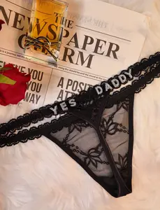 Women's Rhinestone Letter Lace Thong Panties, Low Rise Comfort Stretch Underwear, Womenswear