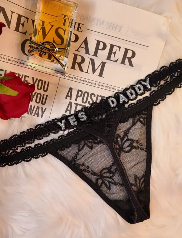Women's Rhinestone Letter Lace Thong Panties - Low Rise, Soft, Breathable, Elastic, Comfort Stretch Underwear for a Perfect Fit, Comfortable, Casual, Elegant, Underwear For Women, Lacy, Polyester, Thongs, Lingerie For Women